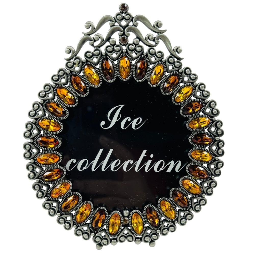 VTG Round Ornate Metal Picture Frame Amber Crystal Jewels Two's Company REGENCY